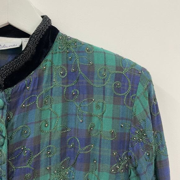 Vintage 90s Women's Sz 8 Green Blue Plaid Embroidered Beaded Winter Maxi Dress - Picture 5 of 8